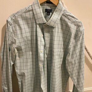 J Crew 
Green checked
Stretch wrinkle free
Large 16-16.5